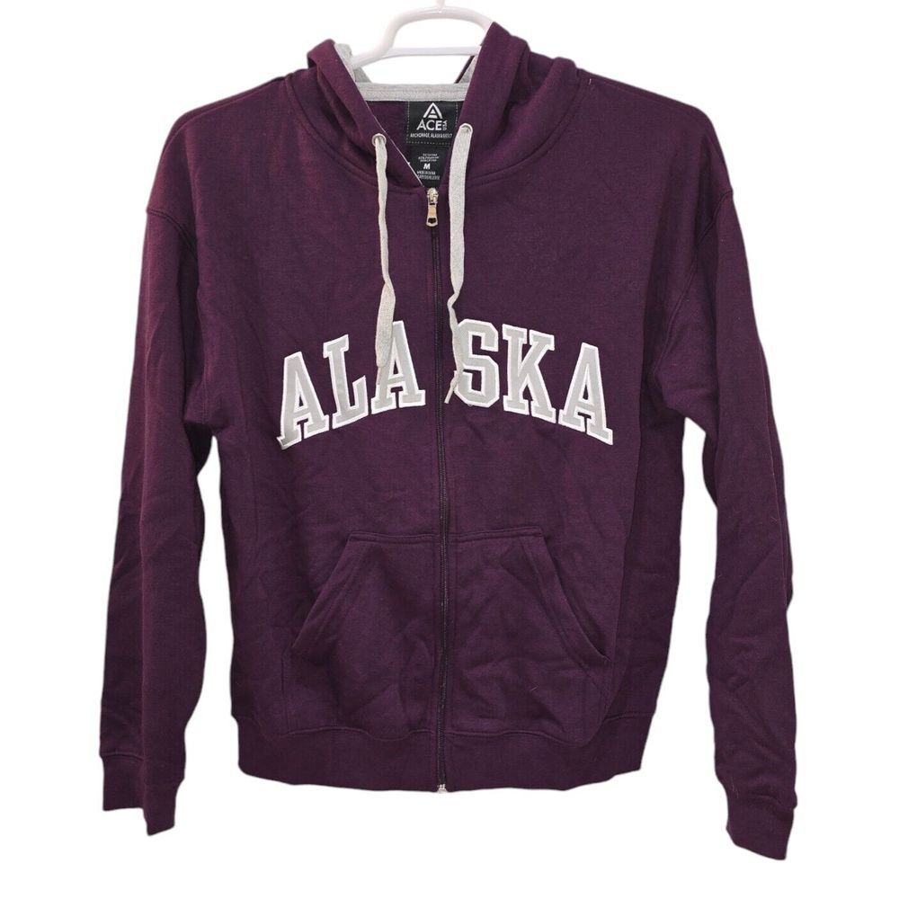 Alaska Sweatshirt Hoodie, Zip-up, Embroidered Emblem,‎ Unisex Medium, Purple